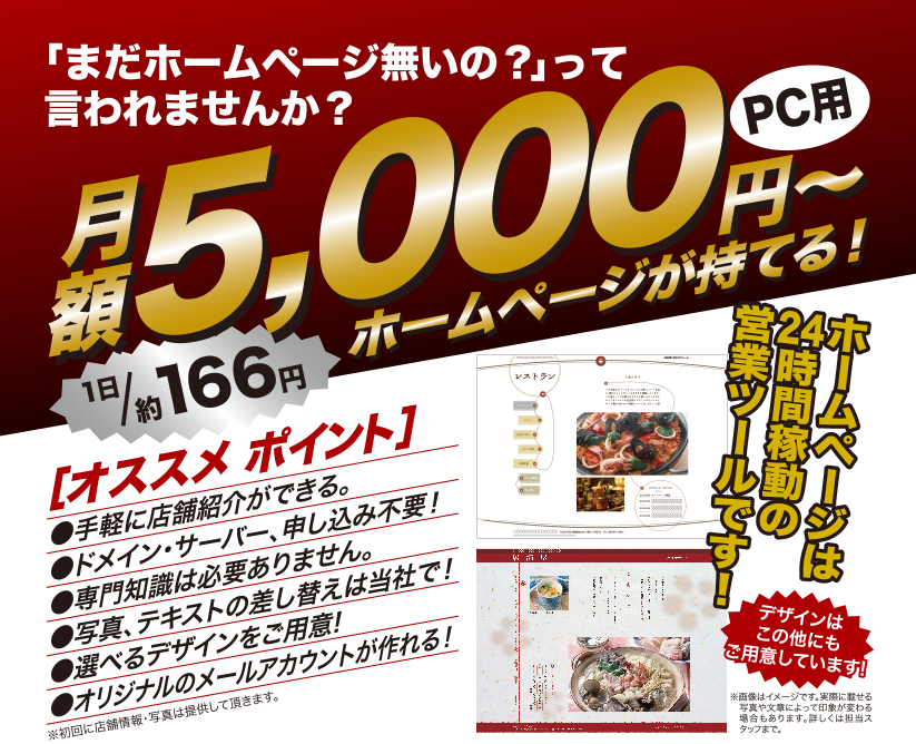 月額5000円〜PC用ホームページが持てる！1日約166円